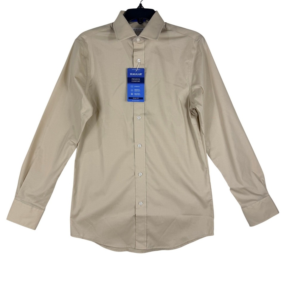 Haggar Mens Premium Comfort Slim Fit Khaki Solid Dress Shirt 14-14 1/2 32/33 NWT